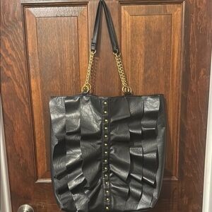 DSW Ruffled Black and Gold Tote Bag/Purse with Chain-Link Straps